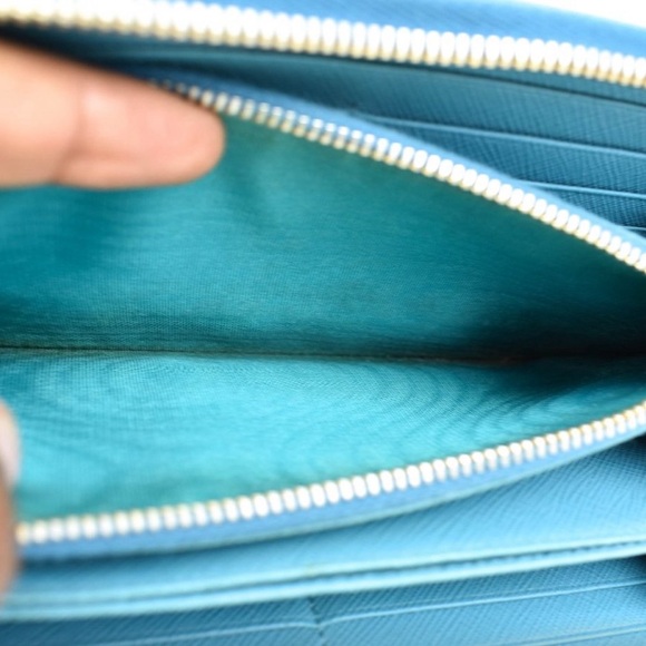 PRADA: Teal Blue Leather & Heritage Gold Logo Long Ziparound Wallet - Picture 10 of 11